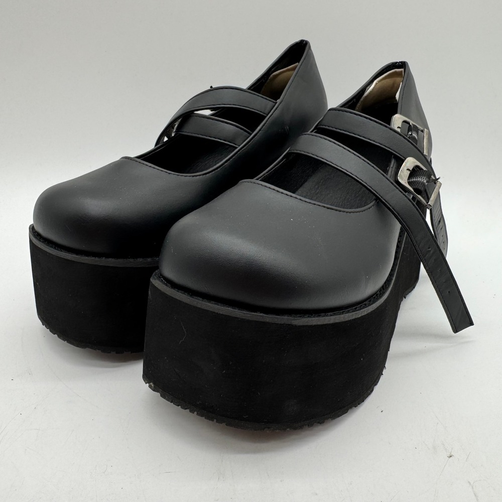 Black Platform Mary Jane Shoes Women's 8.5 Crisscross Buckle Wedge Goth